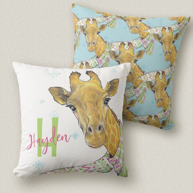 Giraffe with Christmas scarf Cute funny Animal art Throw Pillow (Creator Uploaded)