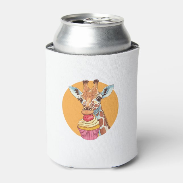 Giraffe With Cupcake   Can Cooler (Can Front)