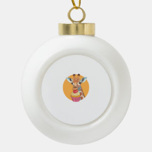 Giraffe With Cupcake   Ceramic Ball Christmas Ornament