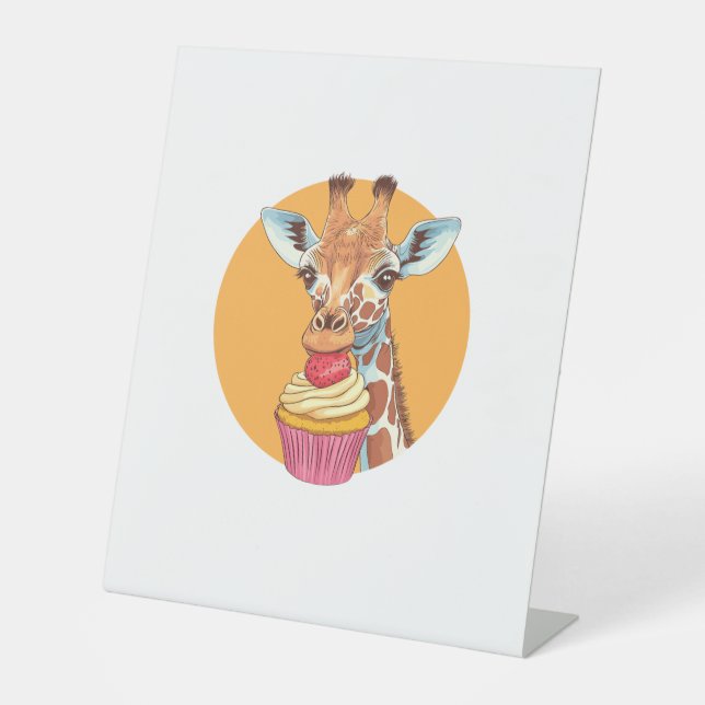 Giraffe With Cupcake   Pedestal Sign (Front)
