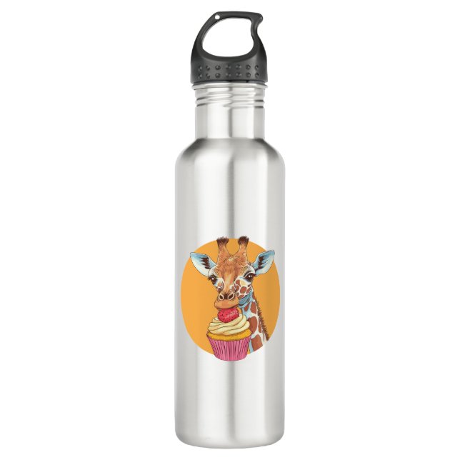 Giraffe With Cupcake   Stainless Steel Water Bottle (Front)