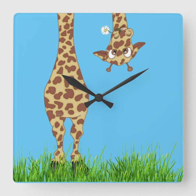 Giraffe With Daisy on Blue Square Wall Clock (Front)