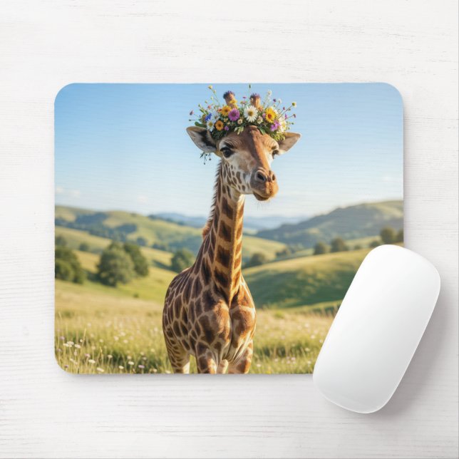 Giraffe with Floral Crown Mouse Pad (With Mouse)