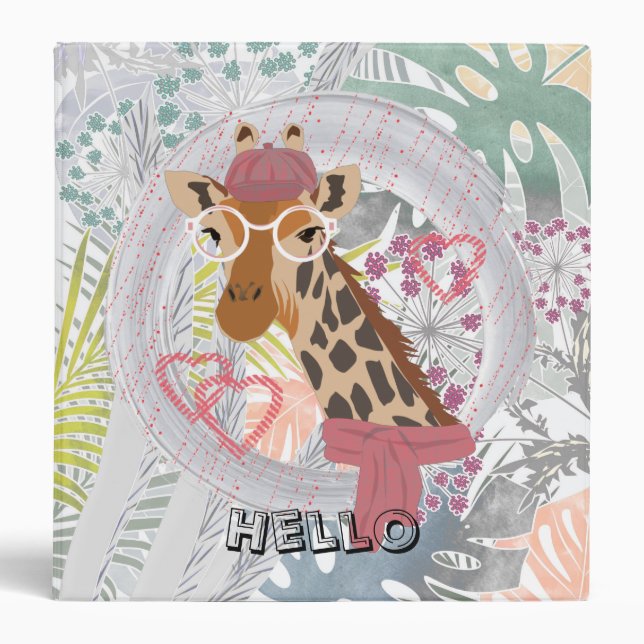 Giraffe with glasses and a red beret 3 ring binder (Front)