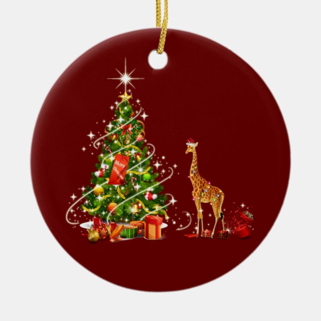 Giraffe With Hat LIGHTS Christmas Ceramic Ornament (Front)