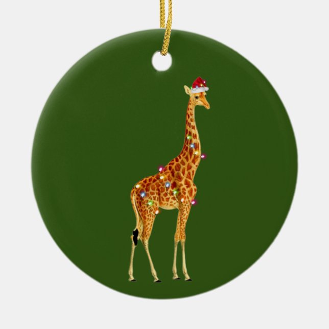 GIRAFFE With Hat Lights Christmas Ceramic Ornament (Front)