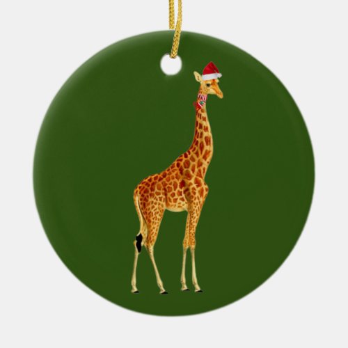 Giraffe With Hat Scaft Christmas Ceramic Ornament
