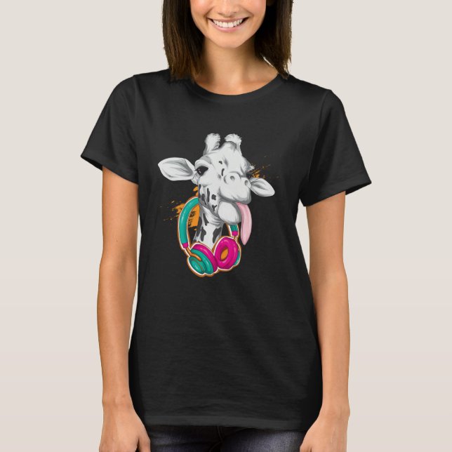 Giraffe with Headphones Wild Animals T-Shirt (Front)