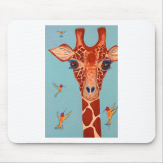 Giraffe with hummingbirds mouse pad