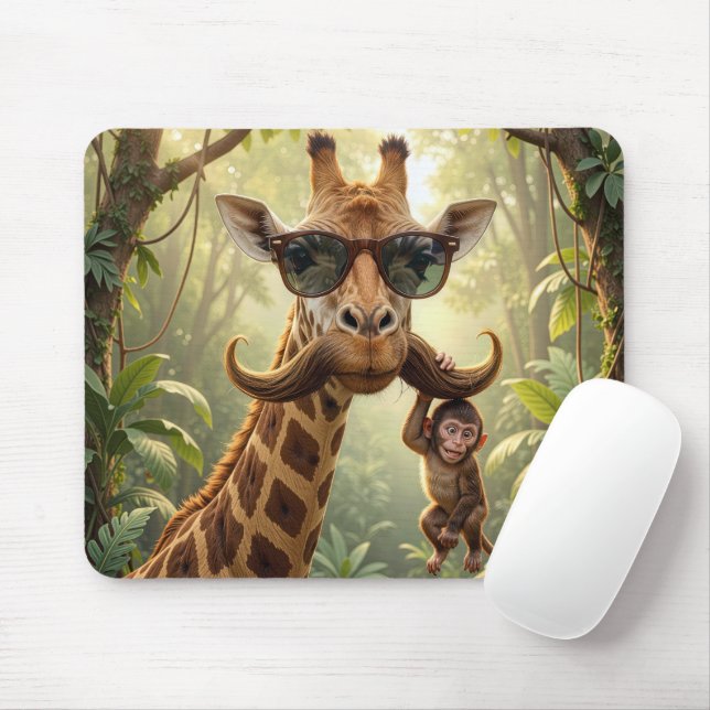 Giraffe With Mustache and Monkey Mouse Pad (With Mouse)