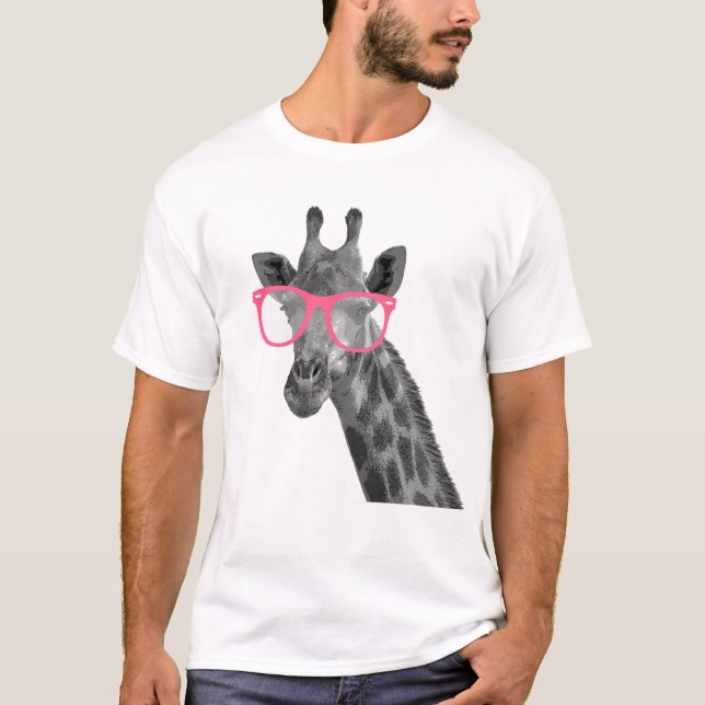 Giraffe with Pink Glasses Cute Funny T-shirt (Front)