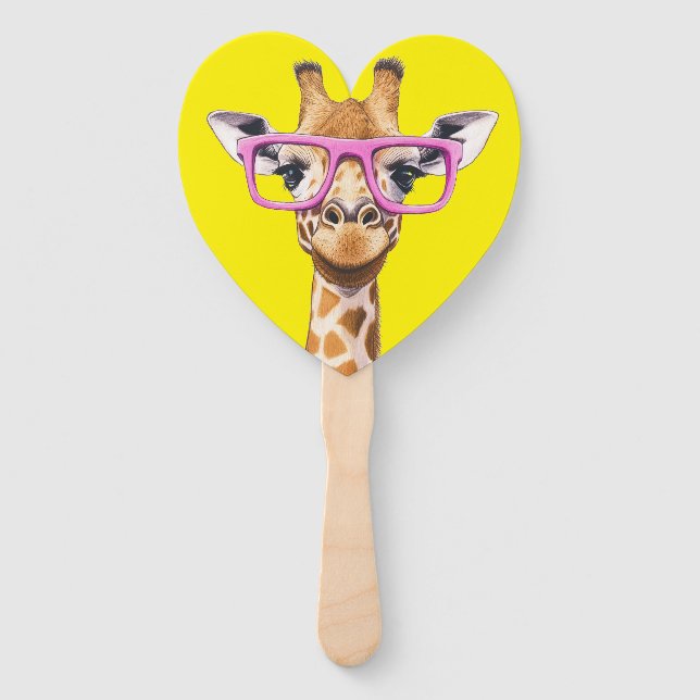 Giraffe with Pink Glasses Favors (yellow bg) Hand Fan (Front)