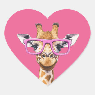 Giraffe with Pink Glasses Pink Background Heart Sticker