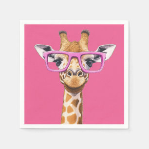 Giraffe with Pink Glasses - Pink Background Napkins