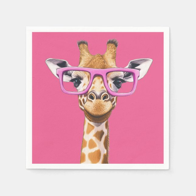Giraffe with Pink Glasses - Pink Background Napkins (Front)