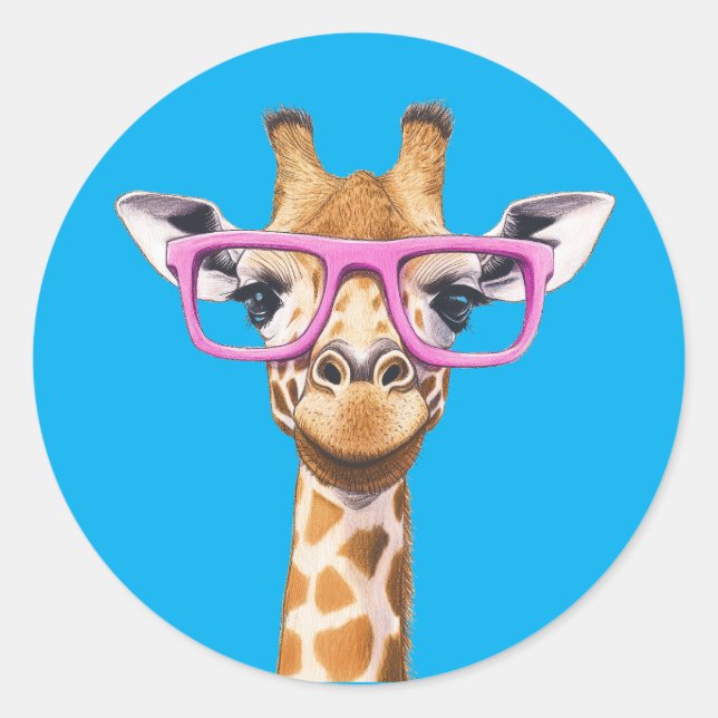 Giraffe with Pink Glasses Sticker Blue Background (Front)