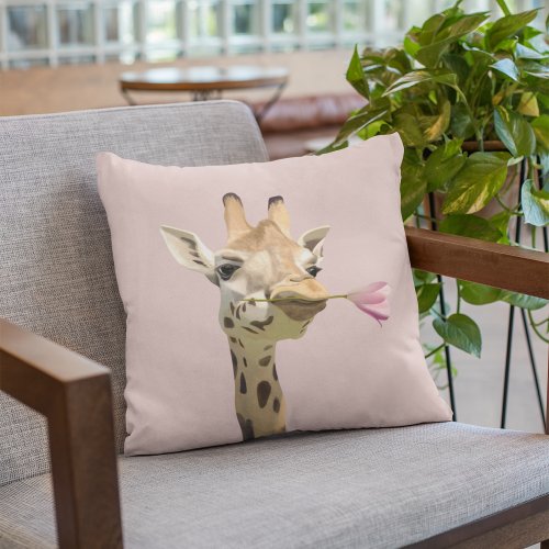 Giraffe with Pink Tulip  Throw Pillow