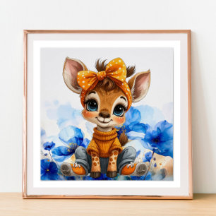 Giraffe with polka dot bow blue poppies poster