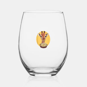 Giraffe With Popcorn Cartoon Animal Humor Stemless Wine Glass