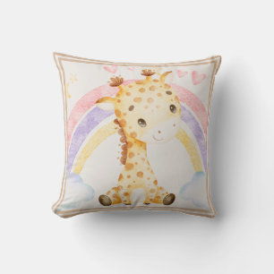 Giraffe with Rainbow Puffy Clouds Hearts Throw Pillow