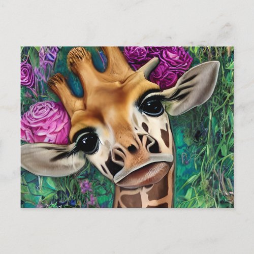 Giraffe with Roses and Watercolor Postcard