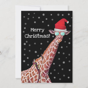 Giraffe with Santa Hat and Snow Merry Christmas Holiday Card