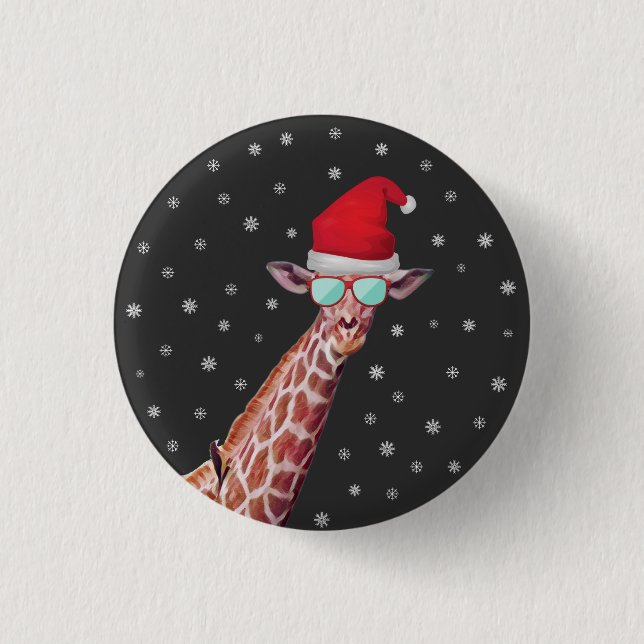 Giraffe With Santa Hat and Sunglasses on Black Button (Front)