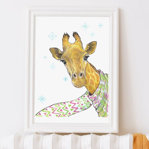 Giraffe with scarf Cute winter Animal art Nursery Poster