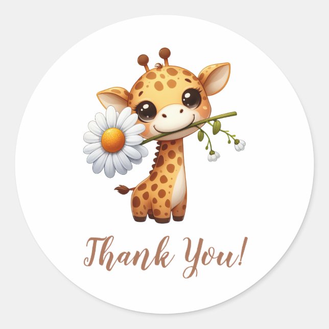 Giraffe with Single Sunflower Thank You  Classic Round Sticker (Front)