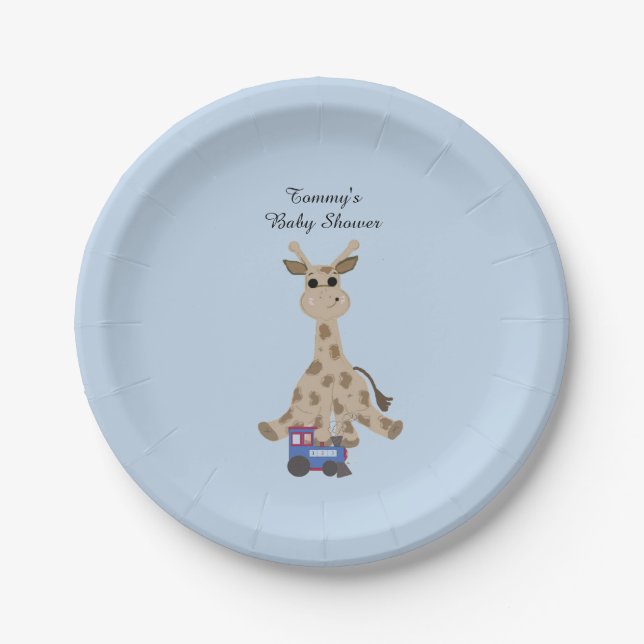 Giraffe With Train Baby Shower Paper Plates (Front)