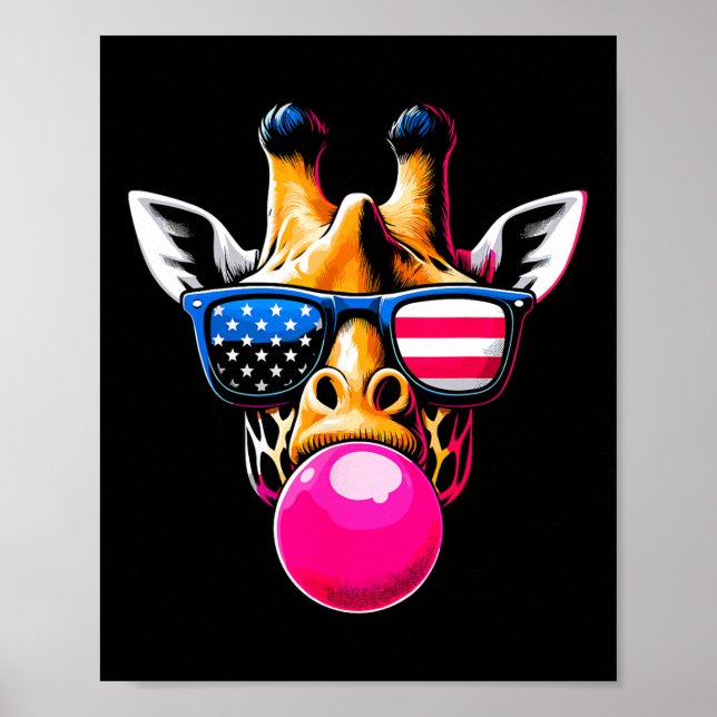 Giraffe With Usa Gles And Bubblegum 4th Of July  Poster (Front)