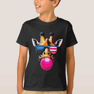 Giraffe With Usa Gles And Bubblegum 4th Of July  T-Shirt