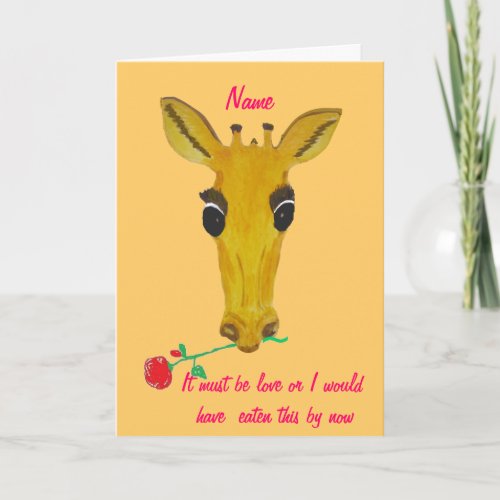 Giraffe with Valentine Rose Add Holiday Card