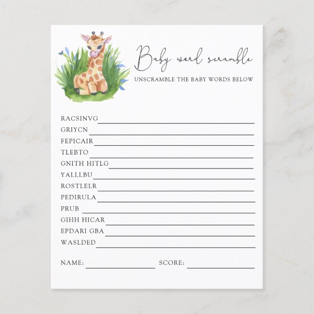 Giraffe Word Scramble | Baby Shower Game (Front)