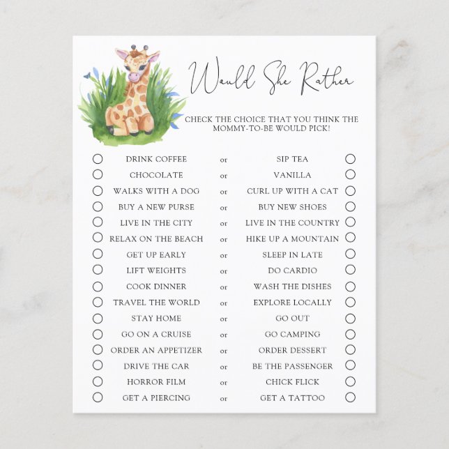 Giraffe  / Would She Rather Baby Shower Game (Front)