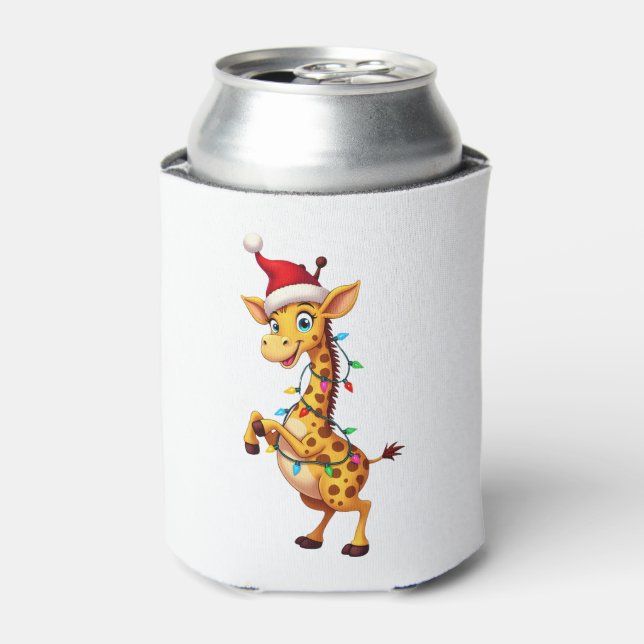 Giraffe Xmas Lighting Funny Santa Giraffe Christma Can Cooler (Can Front)