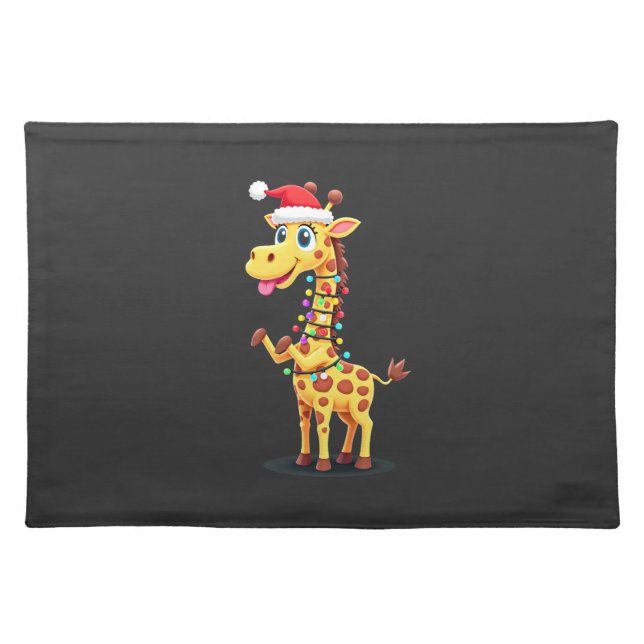 Giraffe Xmas Lighting Funny Santa Giraffe Christma Cloth Placemat (Front)
