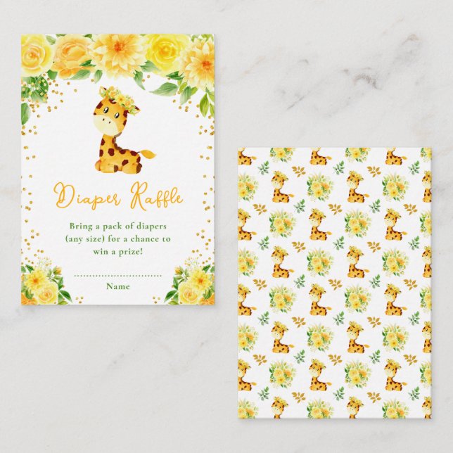 Giraffe Yellow Floral Baby Shower Diaper Raffle Enclosure Card (Front/Back)