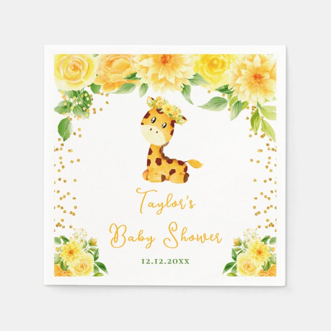 Giraffe Yellow Floral Baby Shower Napkins (Front)