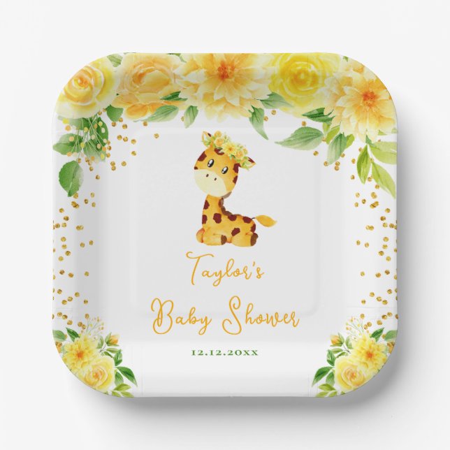 Giraffe Yellow Floral Baby Shower Paper Plates (Front)