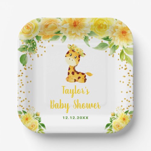 Giraffe Yellow Floral Baby Shower Paper Plates