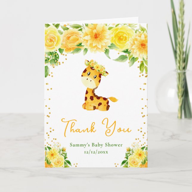 Giraffe Yellow Floral Baby Shower Thank You (Front)