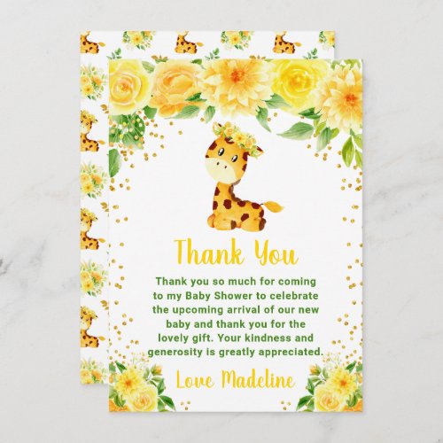 Giraffe Yellow Floral Baby Shower Thank You Card