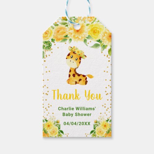 Giraffe Yellow Floral Baby Shower Thank You Gift Tags