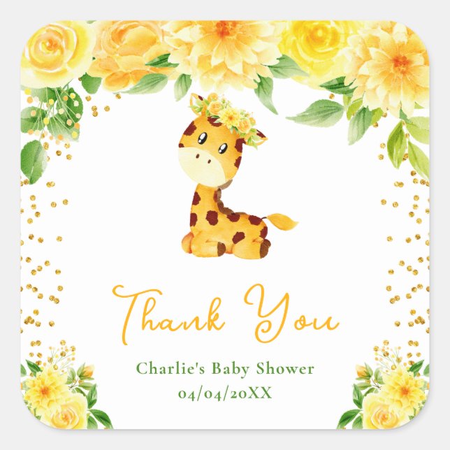 Giraffe Yellow Floral Baby Shower Thank You Square Sticker (Front)