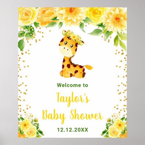 Giraffe Yellow Floral Baby Shower Welcome Poster