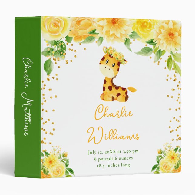 Giraffe Yellow Floral Birth Statistics 3 Ring Binder (Front/Spine)