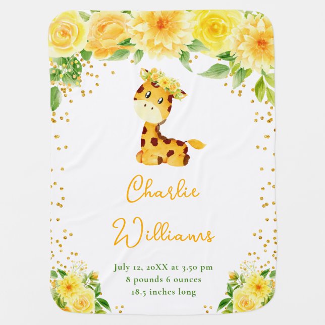 Giraffe Yellow Floral Birth Statistics Baby Blanket (Front)
