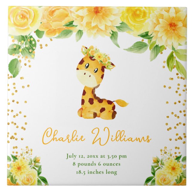 Giraffe Yellow Floral Birth Statistics Ceramic Tile (Front)