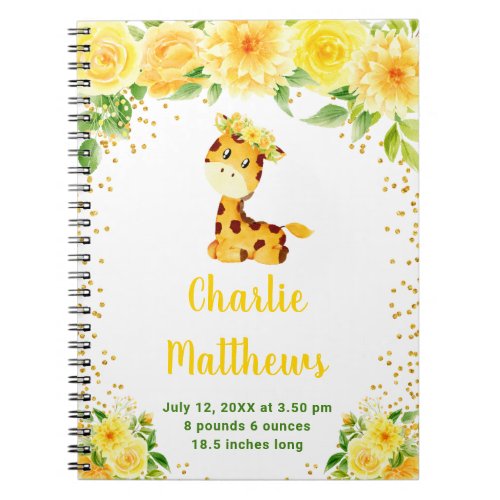 Giraffe Yellow Floral Birth Statistics Notebook